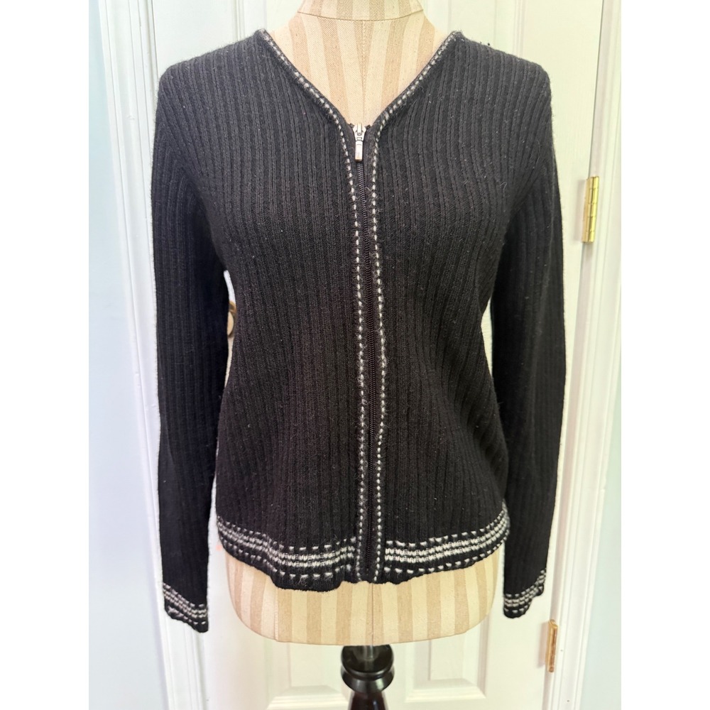 Ann Taylor Black 100% Wool Ribbed Zip-Front Cardigan Sweater Women's Medium